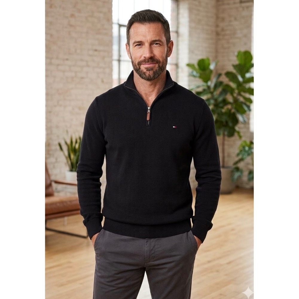 Tommy Hilfiger Mens Black Cotton Quarter Zip Pullover Sweater Size M